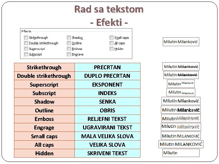 Rad sa tekstom - Efekti - Strikethrough Double strikethrough Superscript Subscript Shadow Outline Emboss