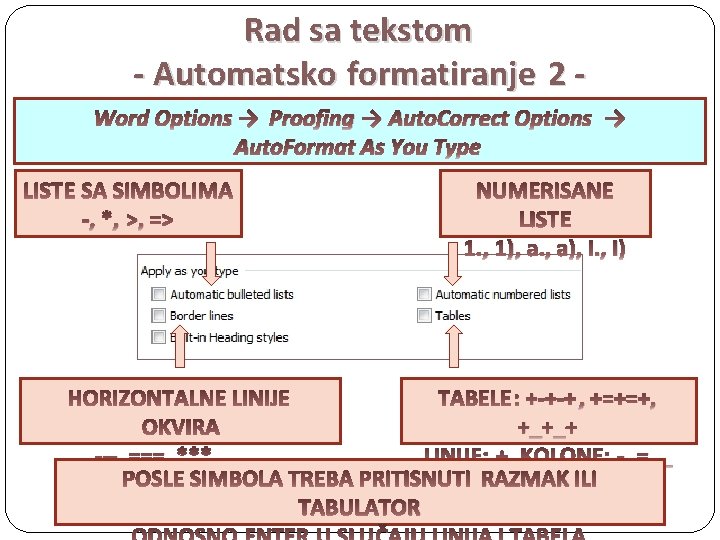 Rad sa tekstom - Automatsko formatiranje 2 Word Options → Proofing → Auto. Correct