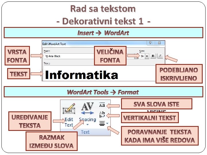 Rad sa tekstom - Dekorativni tekst 1 Insert → Word. Art Tools → Format