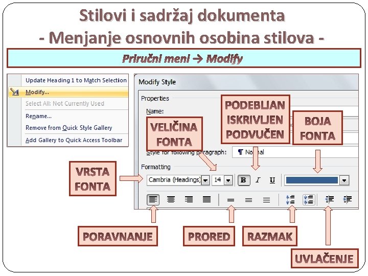 Stilovi i sadržaj dokumenta - Menjanje osnovnih osobina stilova Priručni meni → Modify 