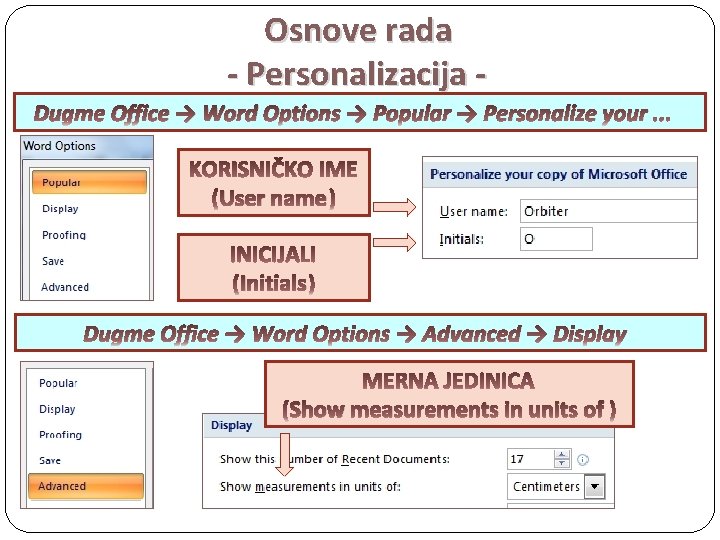 Osnove rada - Personalizacija Dugme Office → Word Options → Popular → Personalize your.