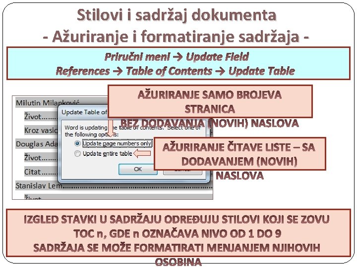 Stilovi i sadržaj dokumenta - Ažuriranje i formatiranje sadržaja Priručni meni → Update Field