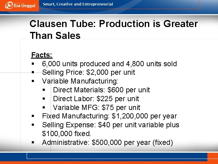 Clausen Tube: Production is Greater Than Sales Facts: § 6, 000 units produced and