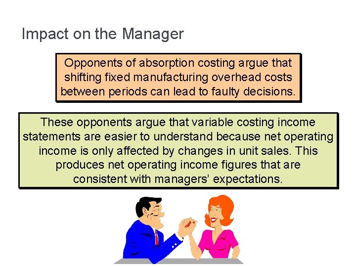 Impact on the Manager Opponents of absorption costing argue that shifting fixed manufacturing overhead