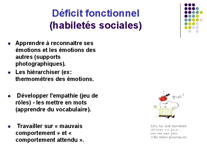 Déficit fonctionnel (habiletés sociales) Apprendre à reconnaître ses émotions et les émotions des autres