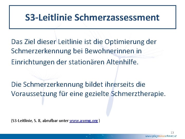 S 3 -Leitlinie Schmerzassessment Das Ziel dieser Leitlinie ist die Optimierung der Schmerzerkennung bei