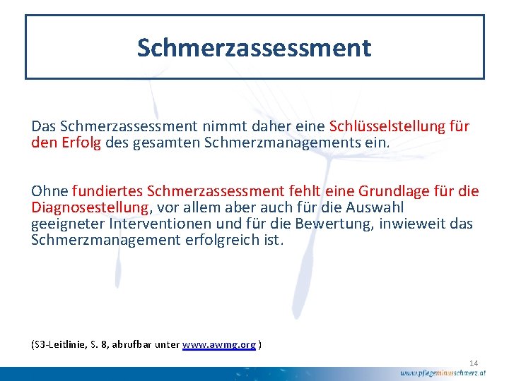 Schmerzassessment Das Schmerzassessment nimmt daher eine Schlüsselstellung für den Erfolg des gesamten Schmerzmanagements ein.