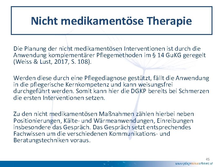 Nicht medikamentöse Therapie Die Planung der nicht medikamentösen Interventionen ist durch die Anwendung komplementärer