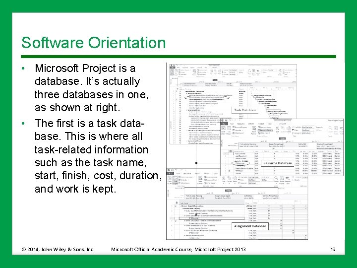 Software Orientation • Microsoft Project is a database. It’s actually three databases in one,