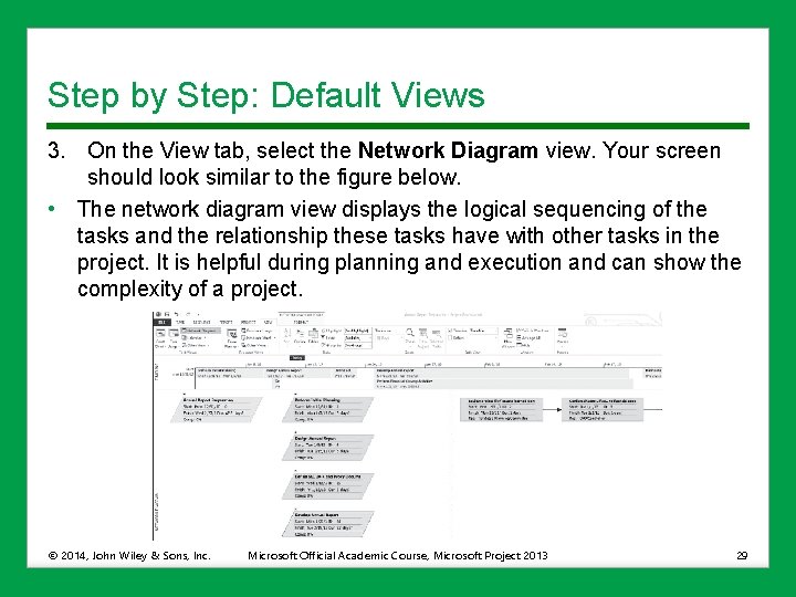 Step by Step: Default Views 3. On the View tab, select the Network Diagram