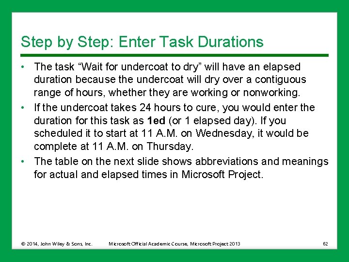 Step by Step: Enter Task Durations • The task “Wait for undercoat to dry”