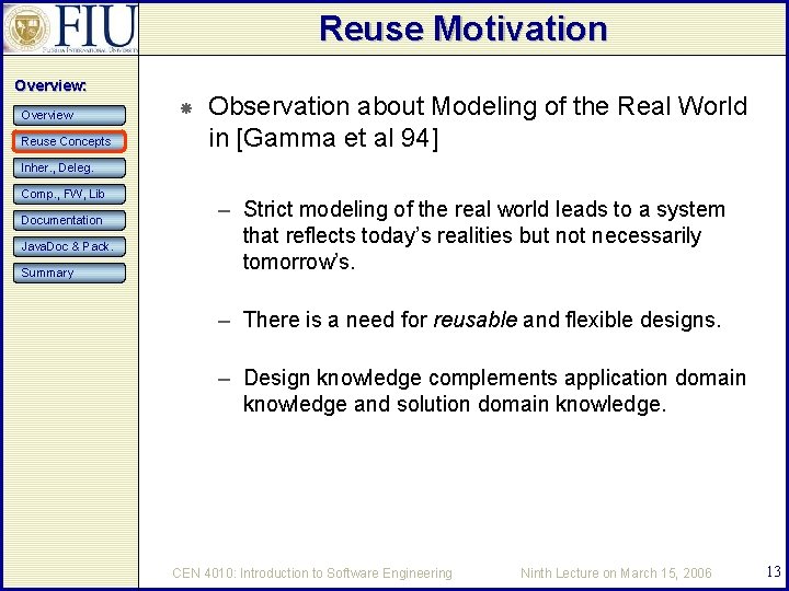 Reuse Motivation Overview: Overview Reuse Concepts Observation about Modeling of the Real World in