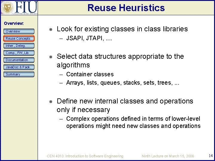Reuse Heuristics Overview: Overview Look for existing classes in class libraries – JSAPI, JTAPI,