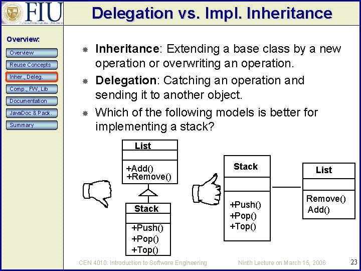 Delegation vs. Impl. Inheritance Overview: Overview Reuse Concepts Inher. , Deleg. Comp. , FW,