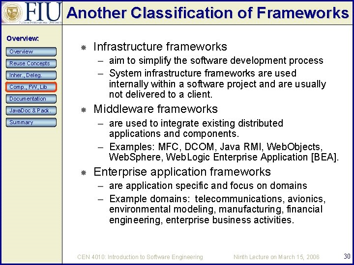 Another Classification of Frameworks Overview: Overview – aim to simplify the software development process