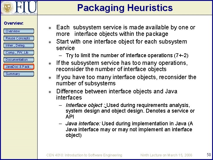 Packaging Heuristics Overview: Overview Reuse Concepts Inher. , Deleg. Comp. , FW, Lib Documentation