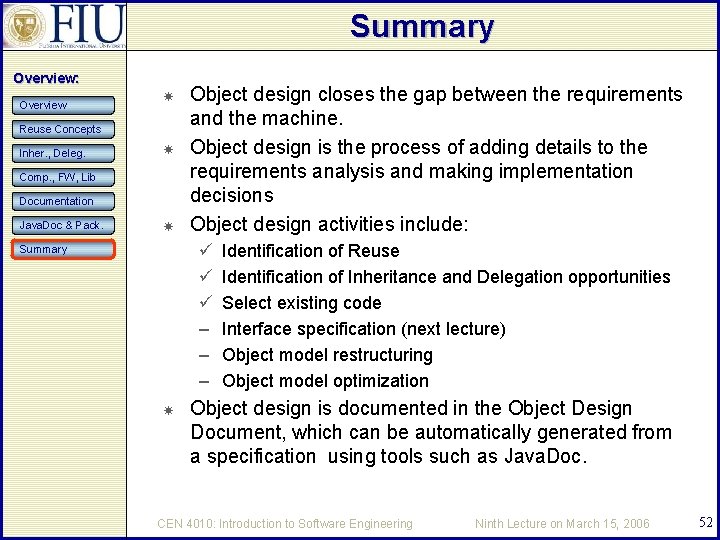Summary Overview: Overview Reuse Concepts Inher. , Deleg. Comp. , FW, Lib Documentation Java.