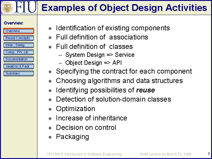 Examples of Object Design Activities Overview: Overview Reuse Concepts Inher. , Deleg. Comp. ,