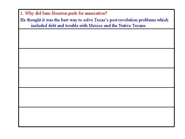 1. Why did Sam Houston push for annexation? He thought it was the best 1. Why did Sam Houston push for annexation? He thought it was the best