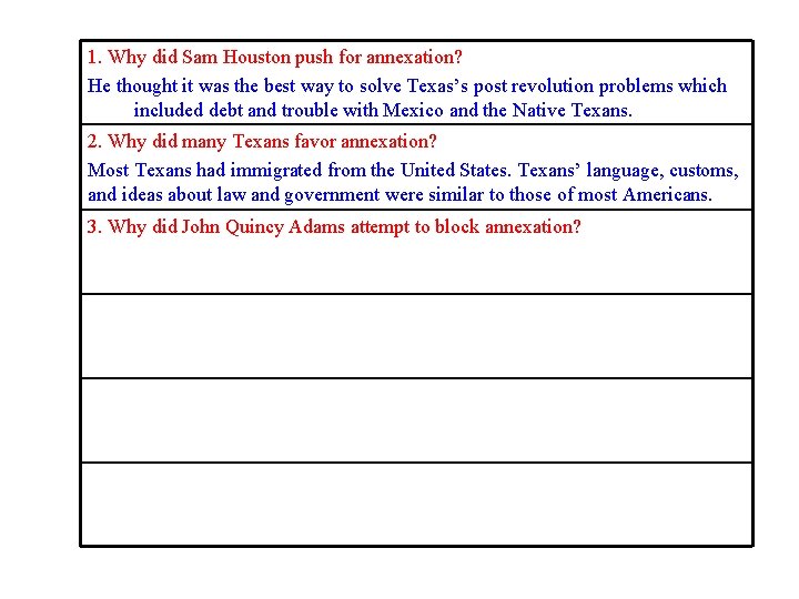 1. Why did Sam Houston push for annexation? He thought it was the best 1. Why did Sam Houston push for annexation? He thought it was the best