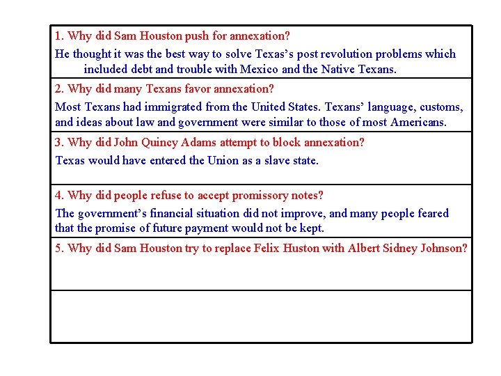 1. Why did Sam Houston push for annexation? He thought it was the best 1. Why did Sam Houston push for annexation? He thought it was the best