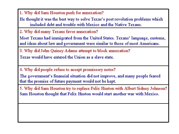 1. Why did Sam Houston push for annexation? He thought it was the best 1. Why did Sam Houston push for annexation? He thought it was the best