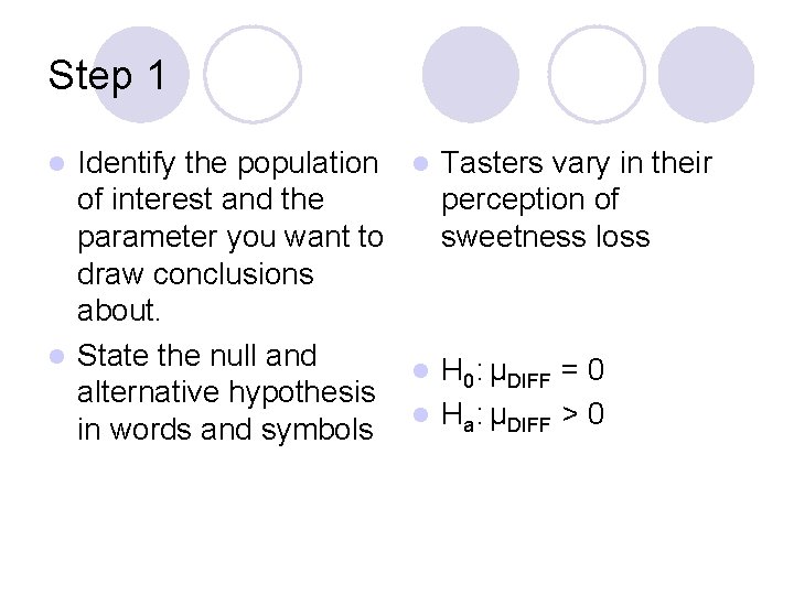 Step 1 Identify the population l Tasters vary in their of interest and the