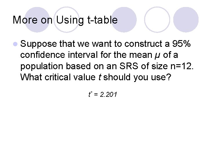 More on Using t-table l Suppose that we want to construct a 95% confidence