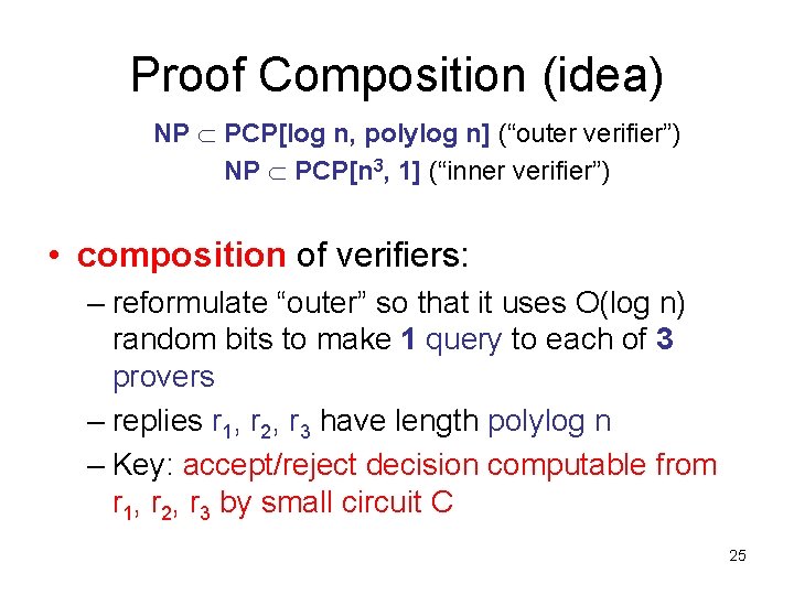 Proof Composition (idea) NP PCP[log n, polylog n] (“outer verifier”) NP PCP[n 3, 1]