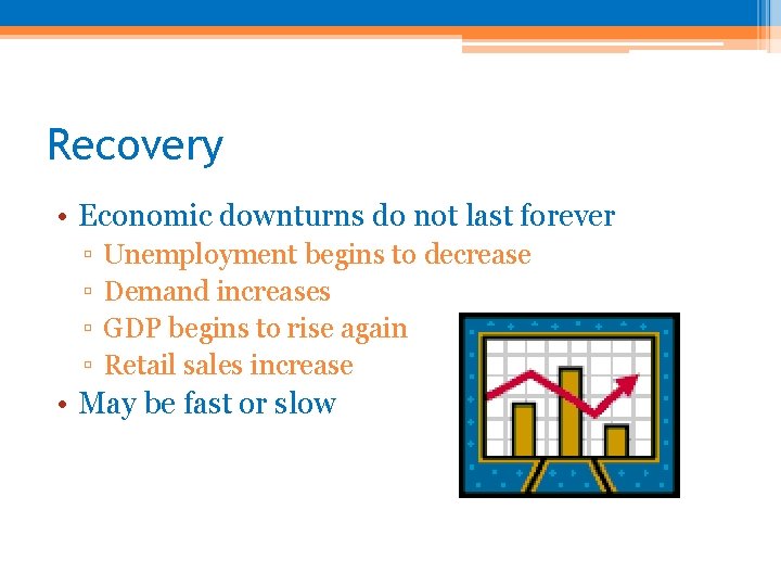 Recovery • Economic downturns do not last forever ▫ ▫ Unemployment begins to decrease
