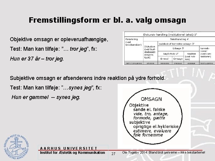 Fremstillingsform er bl. a. valg omsagn Objektive omsagn er opleveruafhængige, Test: Man kan tilføje: