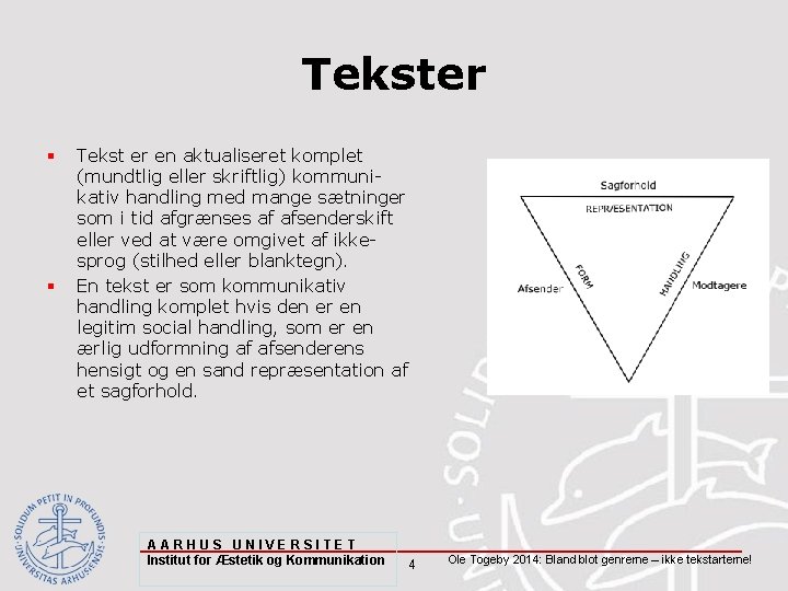 Tekster § § Tekst er en aktualiseret komplet (mundtlig eller skriftlig) kommunikativ handling med