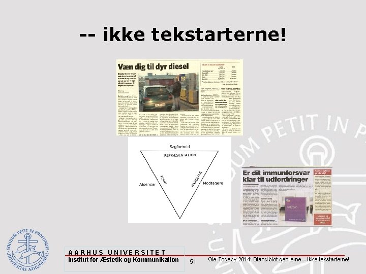 -- ikke tekstarterne! AARHUS UNIVERSITET Institut for Æstetik og Kommunikation 51 Ole Togeby 2014: