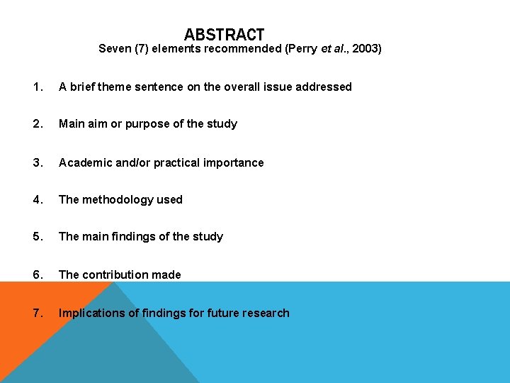 ABSTRACT Seven (7) elements recommended (Perry et al. , 2003) 1. A brief theme