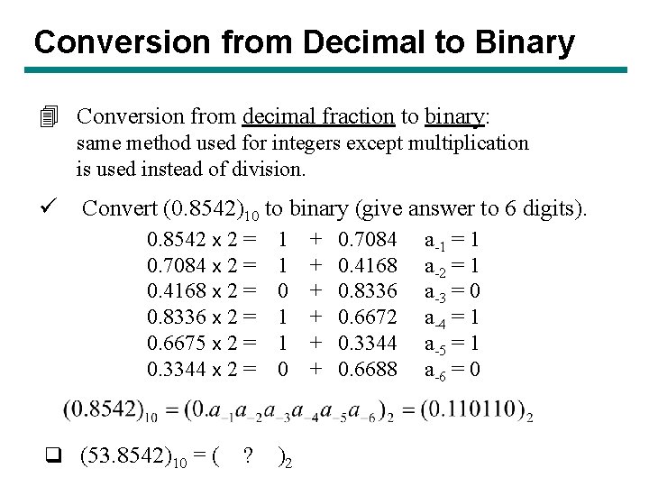 Conversion from Decimal to Binary 4 Conversion from decimal fraction to binary: same method Conversion from Decimal to Binary 4 Conversion from decimal fraction to binary: same method