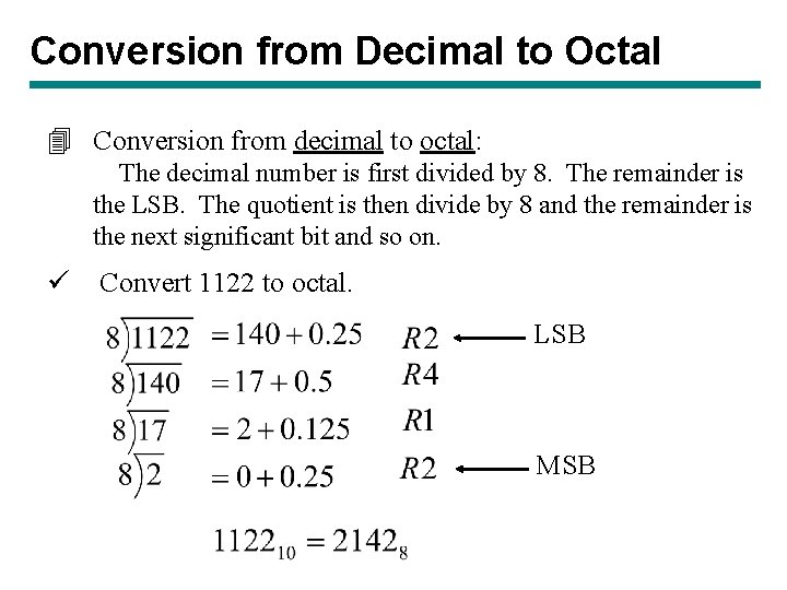 Conversion from Decimal to Octal 4 Conversion from decimal to octal: The decimal number Conversion from Decimal to Octal 4 Conversion from decimal to octal: The decimal number