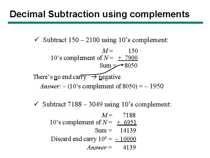 Decimal Subtraction using complements ü Subtract 150 – 2100 using 10’s complement: M= 150 Decimal Subtraction using complements ü Subtract 150 – 2100 using 10’s complement: M= 150