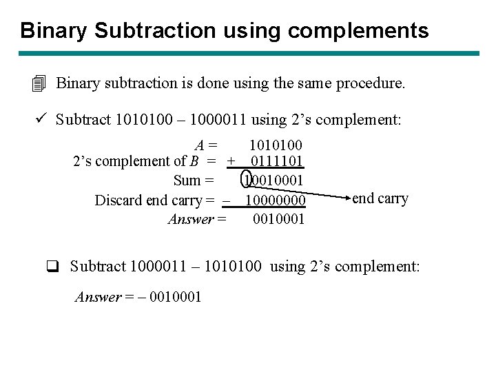 Binary Subtraction using complements 4 Binary subtraction is done using the same procedure. ü Binary Subtraction using complements 4 Binary subtraction is done using the same procedure. ü