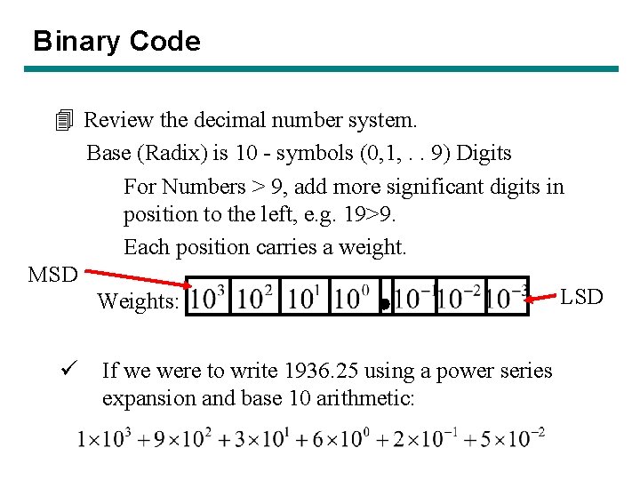 Binary Code 4 Review the decimal number system. Base (Radix) is 10 - symbols Binary Code 4 Review the decimal number system. Base (Radix) is 10 - symbols