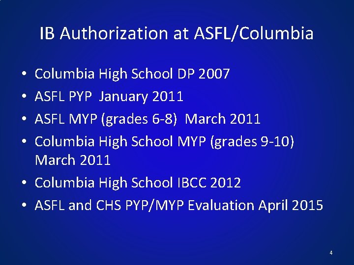 IB Authorization at ASFL/Columbia High School DP 2007 ASFL PYP January 2011 ASFL MYP