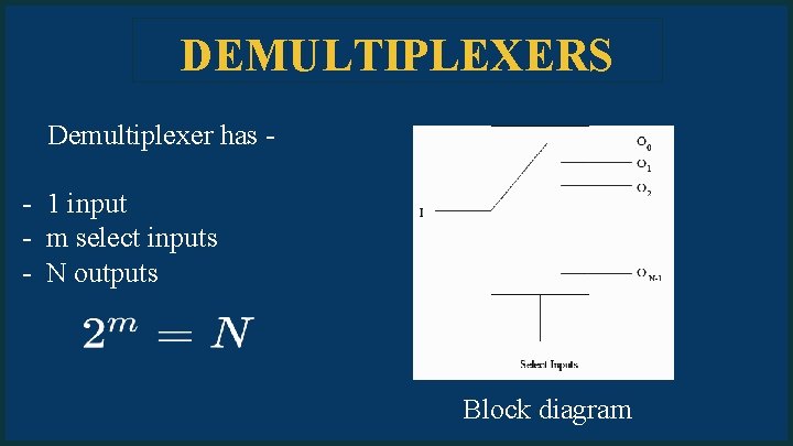DEMULTIPLEXERS Demultiplexer has - 1 input - m select inputs - N outputs Block