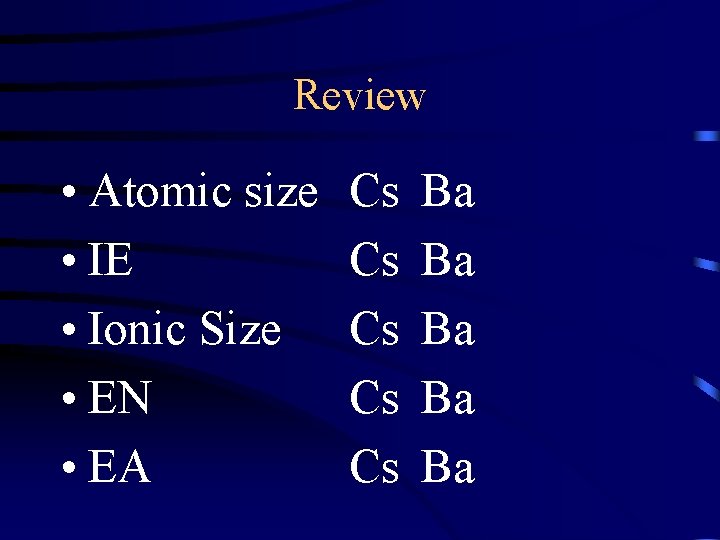 Review • Atomic size • IE • Ionic Size • EN • EA Cs