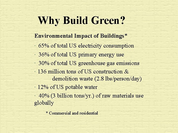 Why Build Green? Environmental Impact of Buildings* 65% of total US electricity consumption §