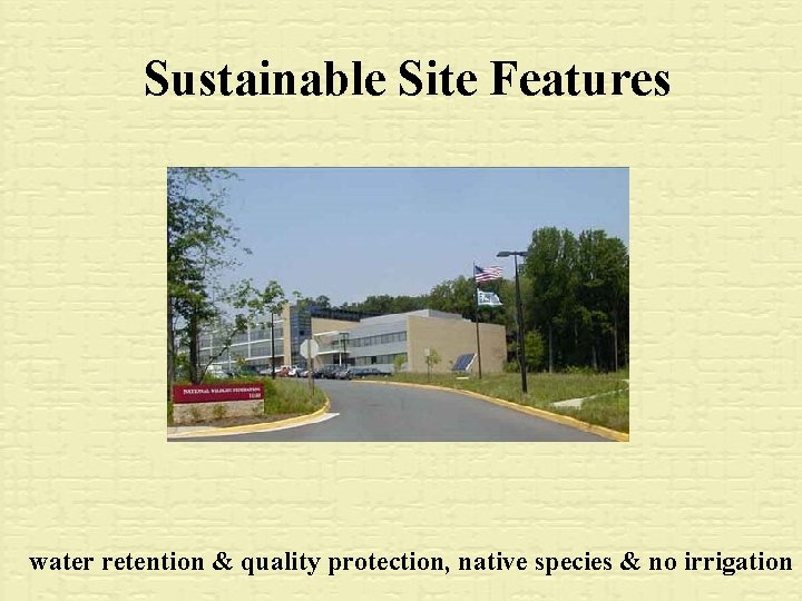 Sustainable Site Features water retention & quality protection, native species & no irrigation 