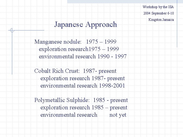 Workshop by the ISA 2004 September 6 -10 Japanese Approach Manganese nodule: 1975 –