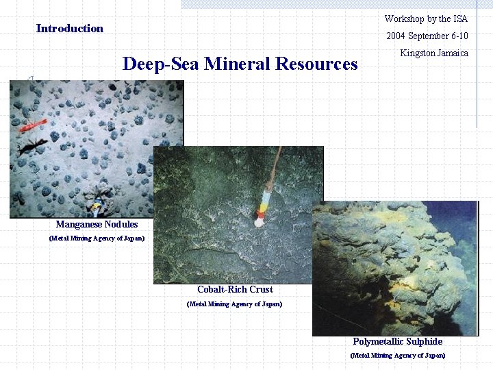 Workshop by the ISA Introduction 2004 September 6 -10 Deep-Sea Mineral Resources Kingston Jamaica