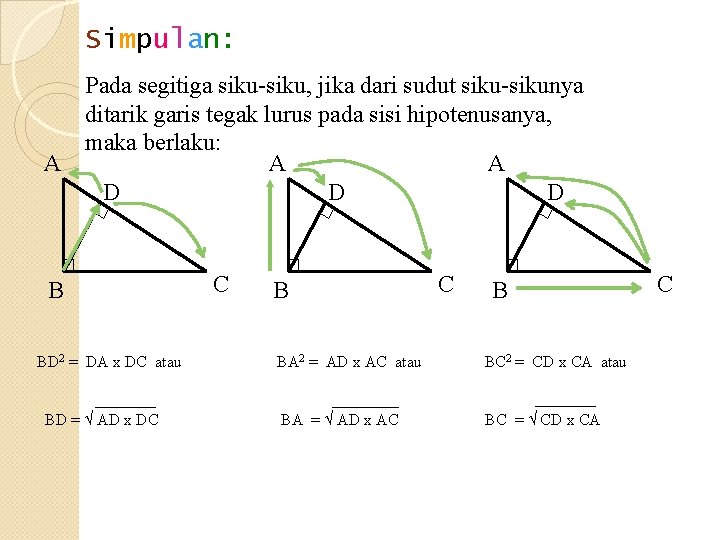 Simpulan: A Pada segitiga siku-siku, jika dari sudut siku-sikunya ditarik garis tegak lurus pada