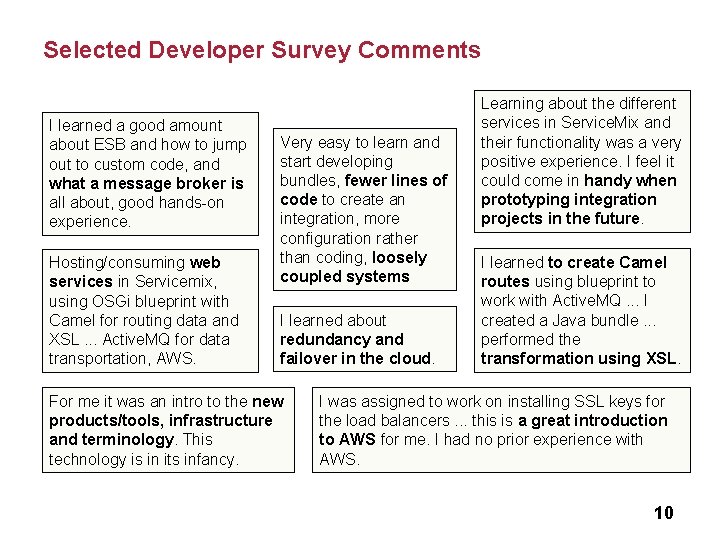 Selected Developer Survey Comments I learned a good amount about ESB and how to