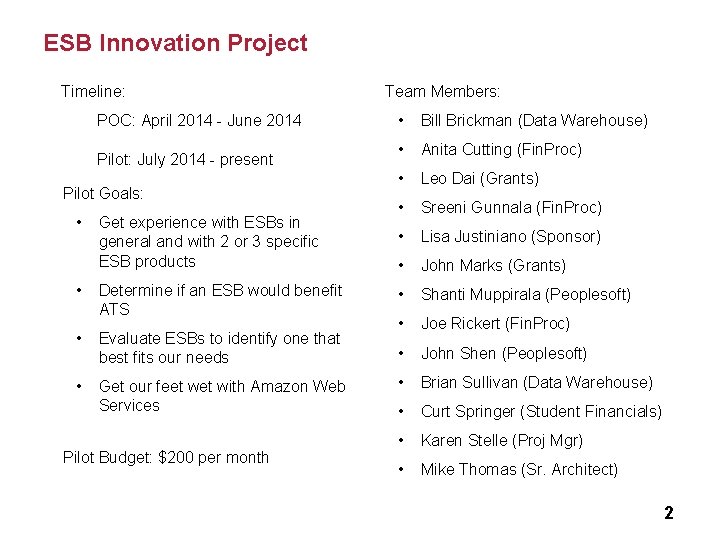 ESB Innovation Project Timeline: POC: April 2014 - June 2014 Pilot: July 2014 -