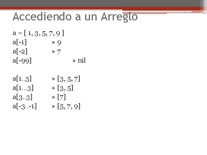 Accediendo a un Arreglo a = [ 1, 3, 5, 7, 9 ] a[-1]